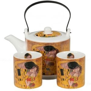 Conjunto klimt kiss, porcelana tetera + 2 tazas