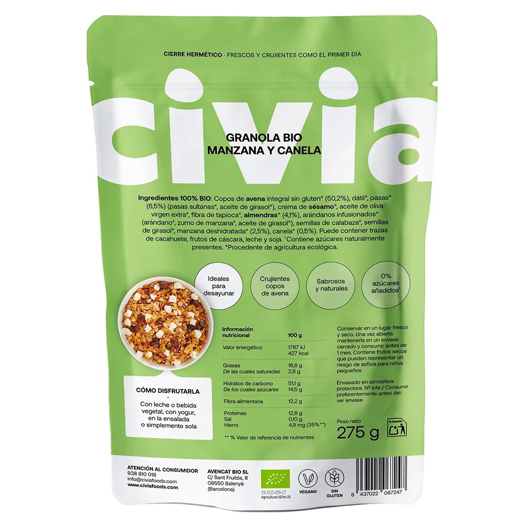 Granola Manzana y Canela
BIO Sin Gluten · 275g CIVIA FOODS - Imagen 3