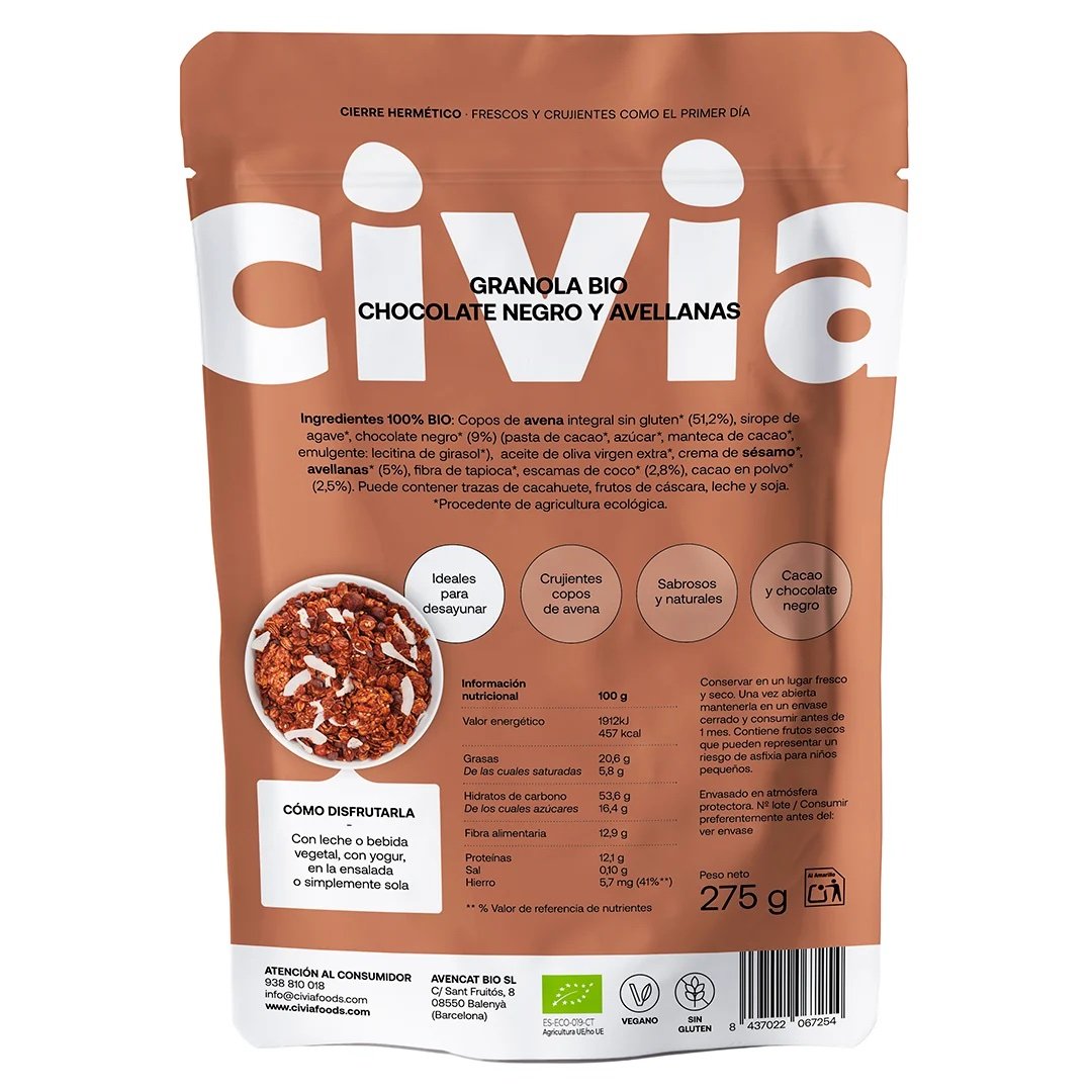 Granola Chocolate Negro y Avellanas
BIO Sin Gluten · 275g CIVIA FOODS - Imagen 2