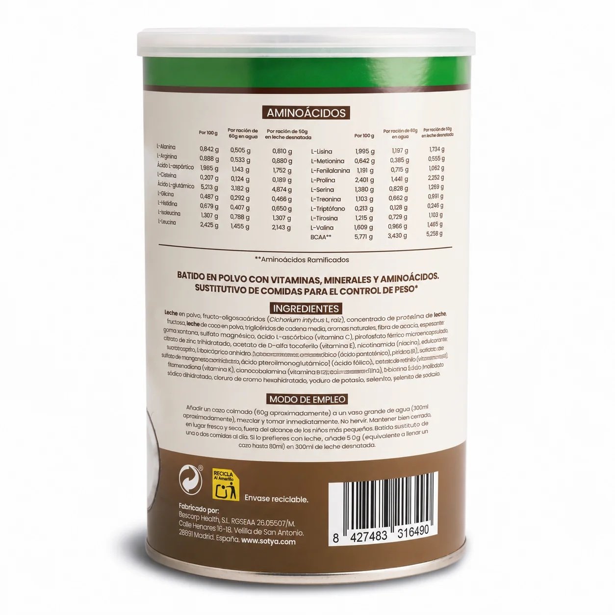 Batido sustitutivo Coco, 600g SOTYA - Imagen 2