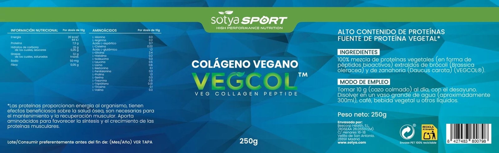 Colágeno Vegano - VEGCOL 250g SOTYA SPORT - Imagen 3
